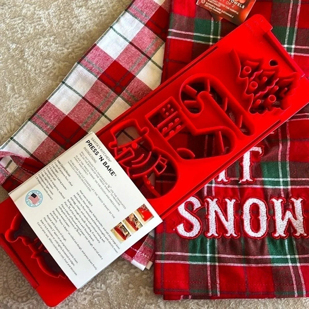 Brand New Press 'N Bake Holiday Christmas Cookie Cutter & Set of 2 Plaid Towels